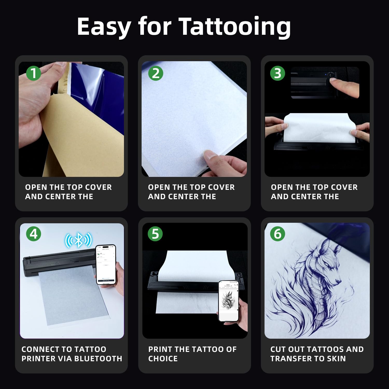 TOHUNZO tattoo stencil printer connectivity image showing Bluetooth pairing with mobile devices