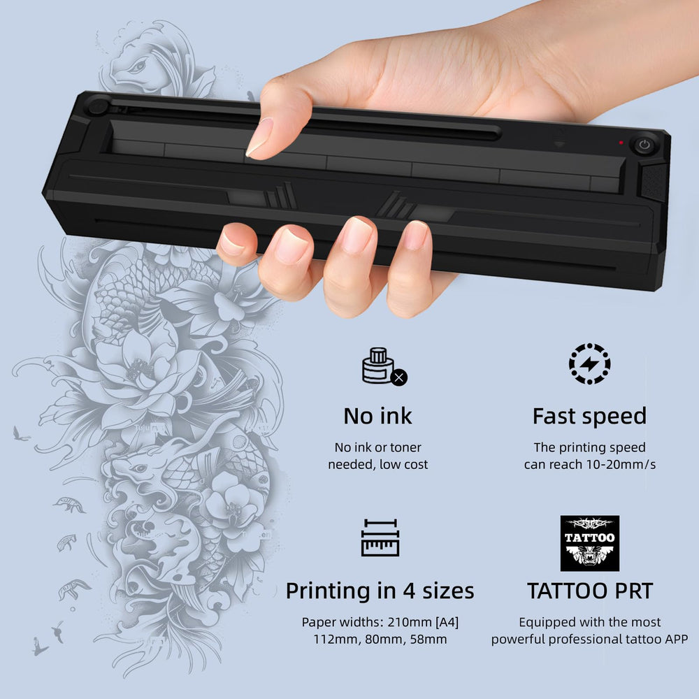 TOHUNZO tattoo stencil printer packaging displaying 10 transfer papers and accessories