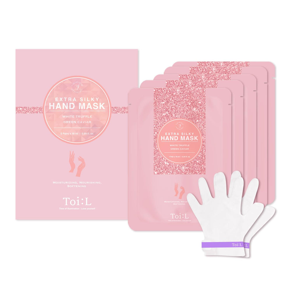 TOI:L Extra Silky Hand Mask packaging highlights nourishing ingredients for dry-hand recovery.