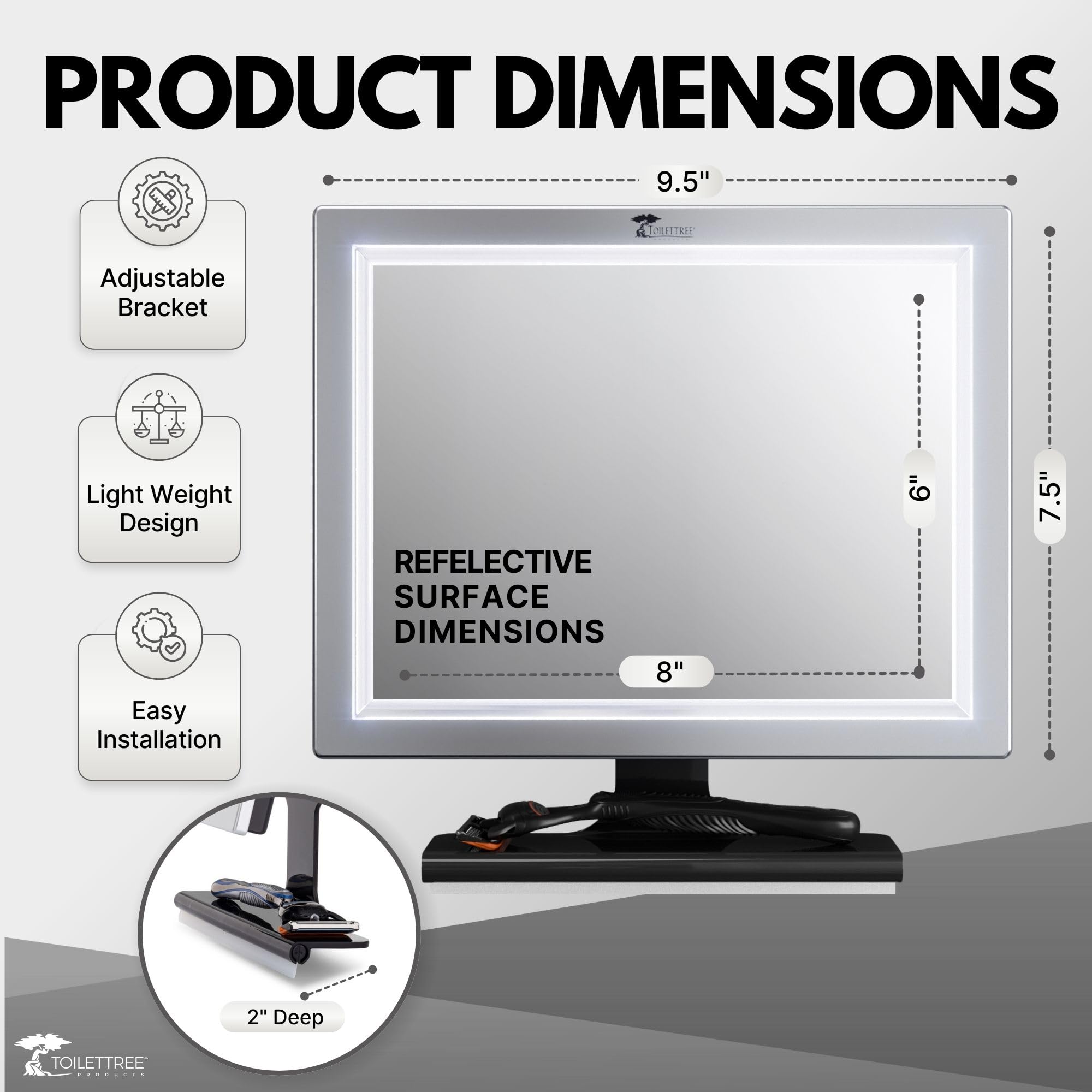 ToiletTree Deluxe adjustable-angle mirror provides flexible grooming angles.