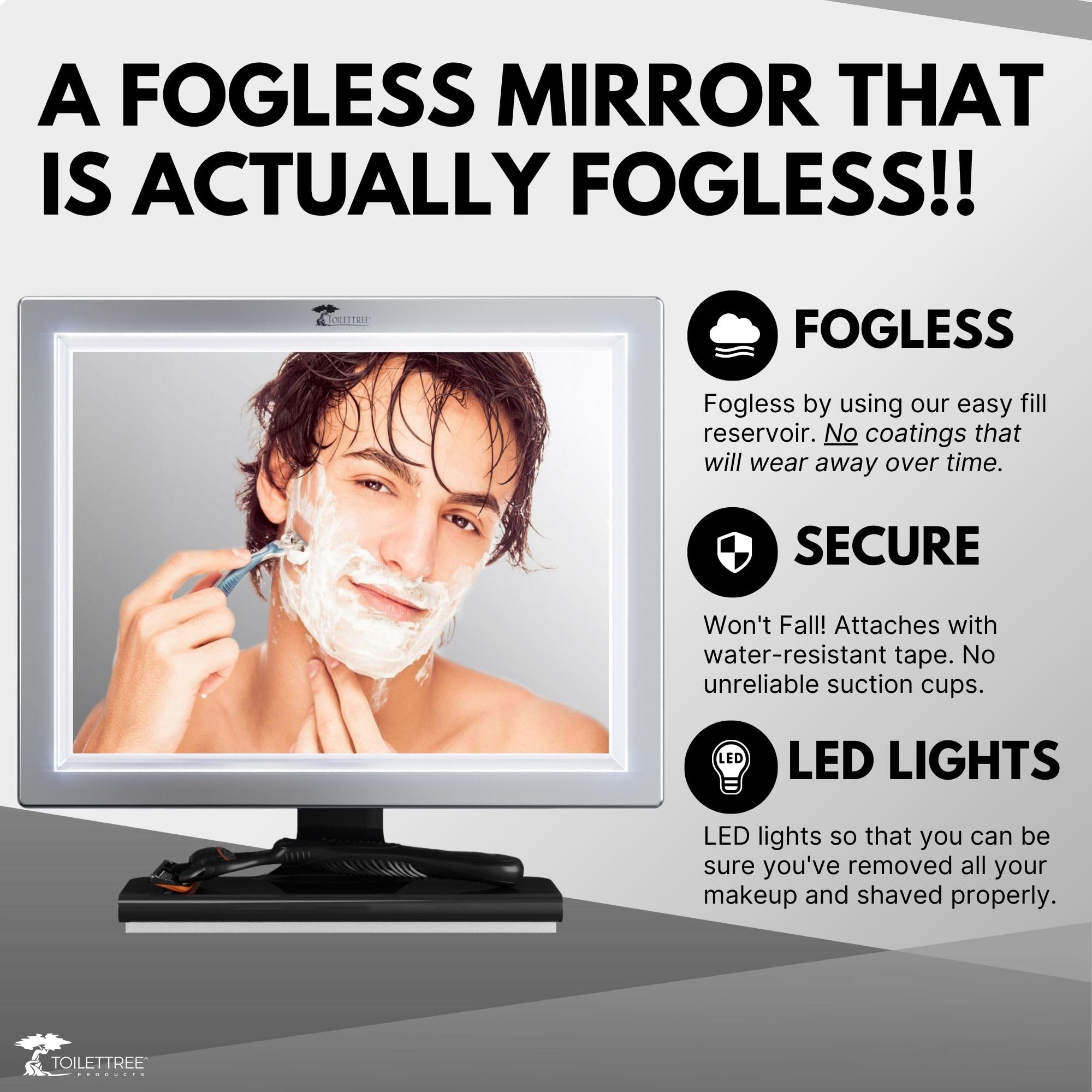 ToiletTree Deluxe anti-fog mirror close-up highlighting a clear surface for shaving and makeup.