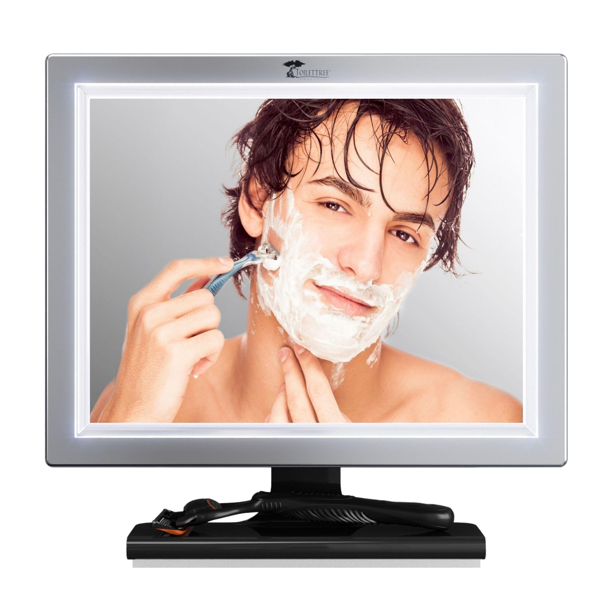 ToiletTree Deluxe LED shower mirror front view with fogless LED illumination for precise grooming.