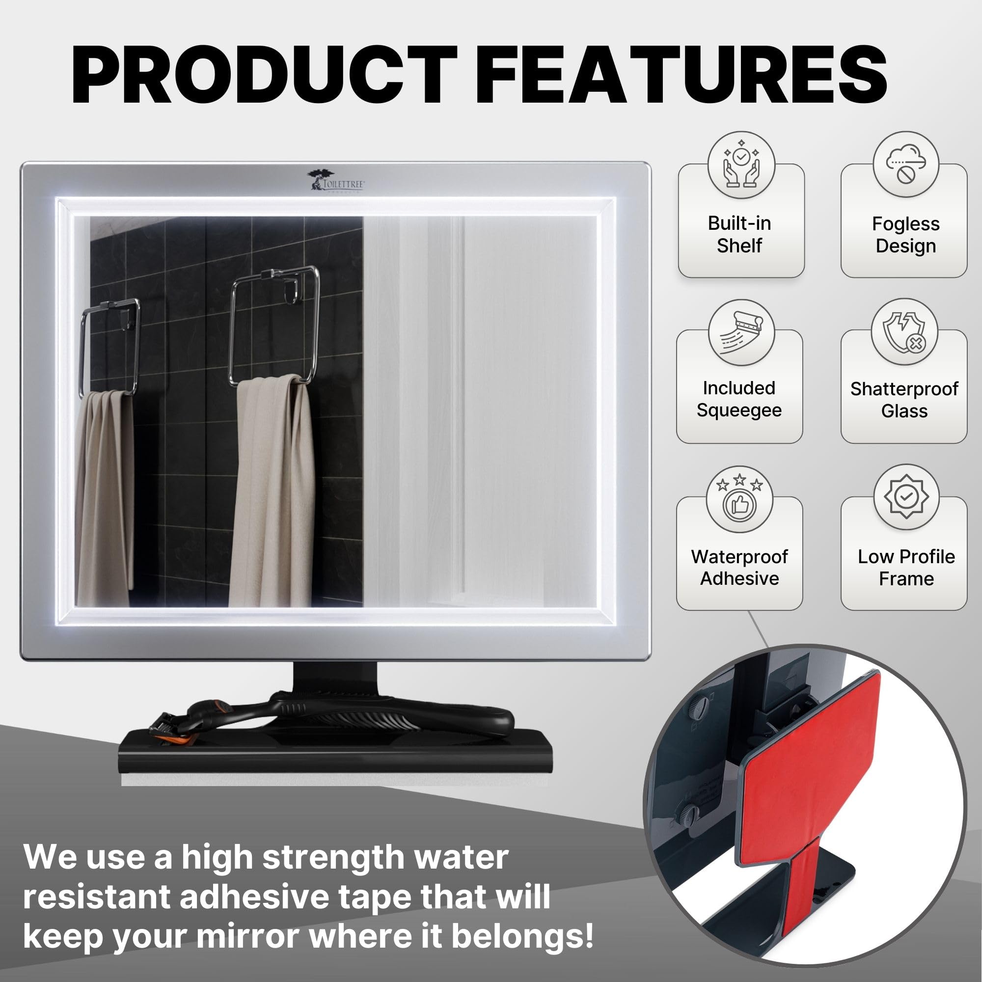 ToiletTree Deluxe LED shower mirror with water chamber shown for warm, fog-free viewing.