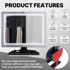 ToiletTree Deluxe LED shower mirror with water chamber shown for warm, fog-free viewing.