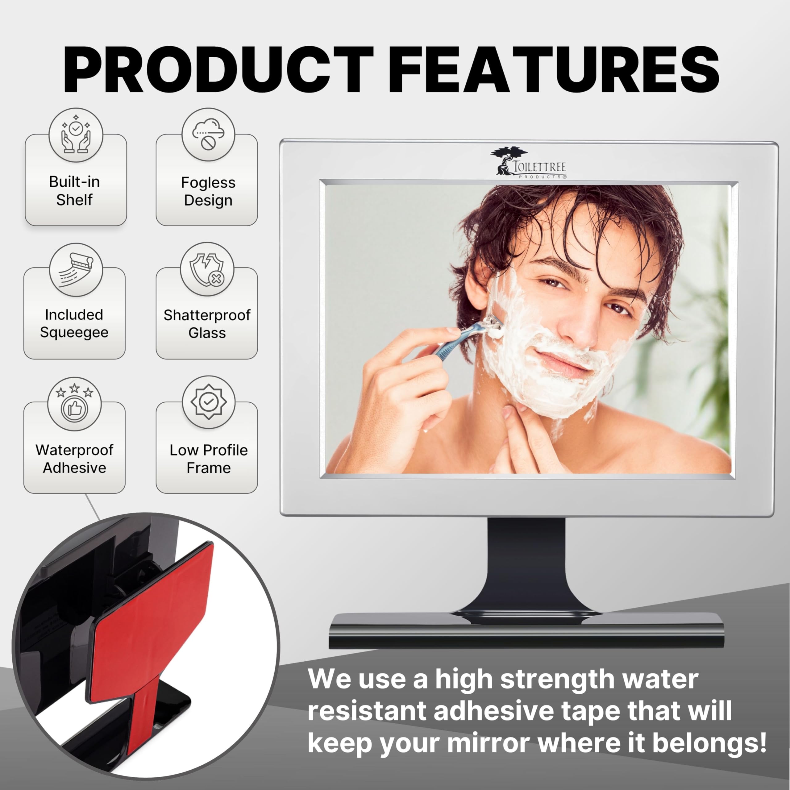 ToiletTree easy-adhesion-mount shows tool-free, secure mounting on tile or glass