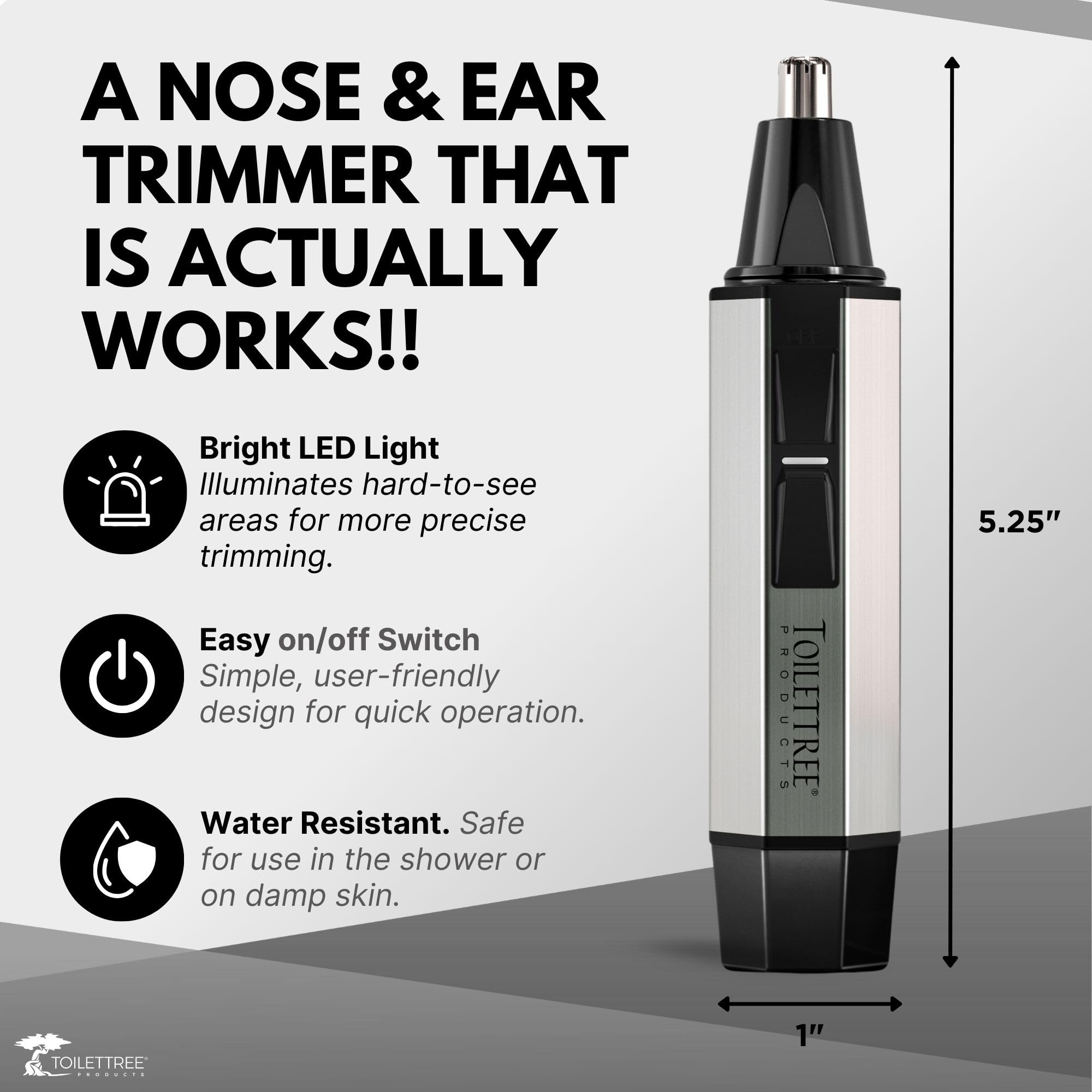 ToiletTree nose hair trimmer in use for ears and nose