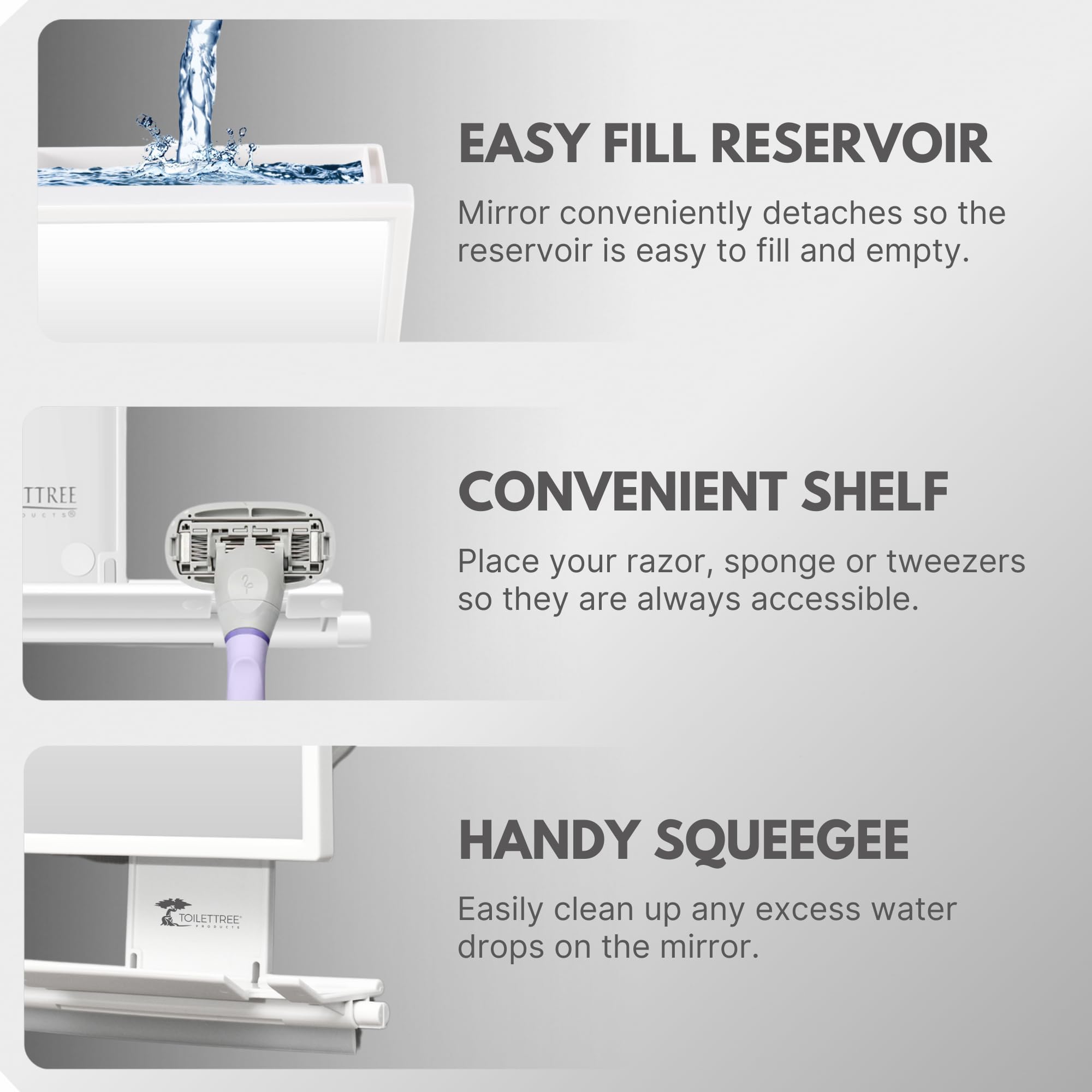 ToiletTree fogless mirror close-up highlights impact-resistant design for daily use.