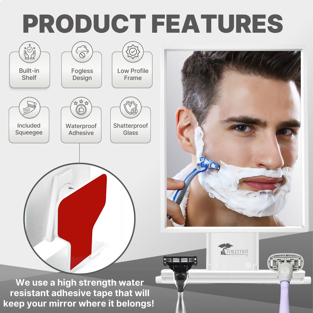 ToiletTree fogless mirror supports makeup removal and shaving in the shower.
