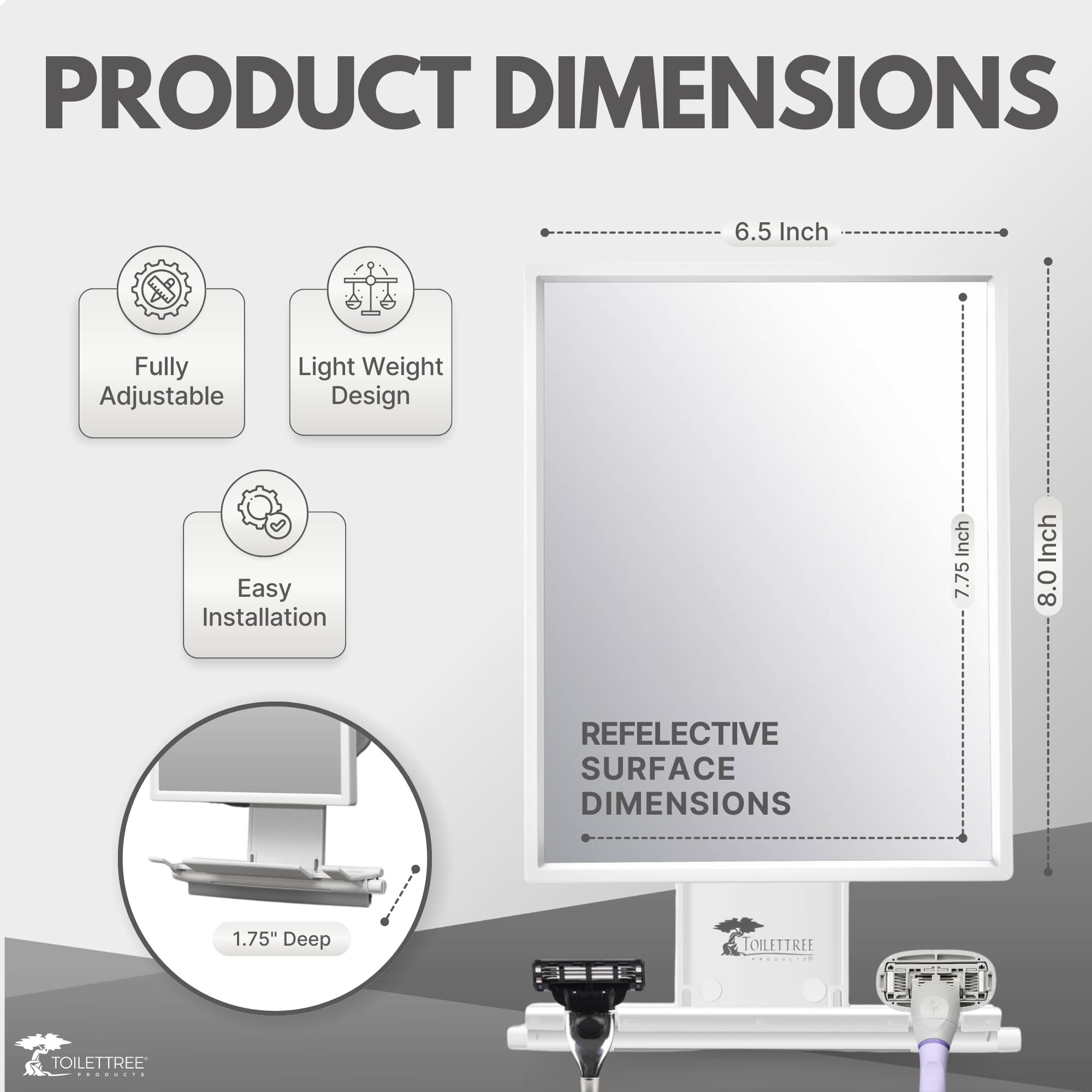 ToiletTree fogless mirror includes squeegee for streak-free, clear reflections.