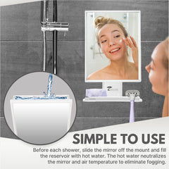 ToiletTree fogless mirror mounted on shower wall offers durable fog-free viewing.