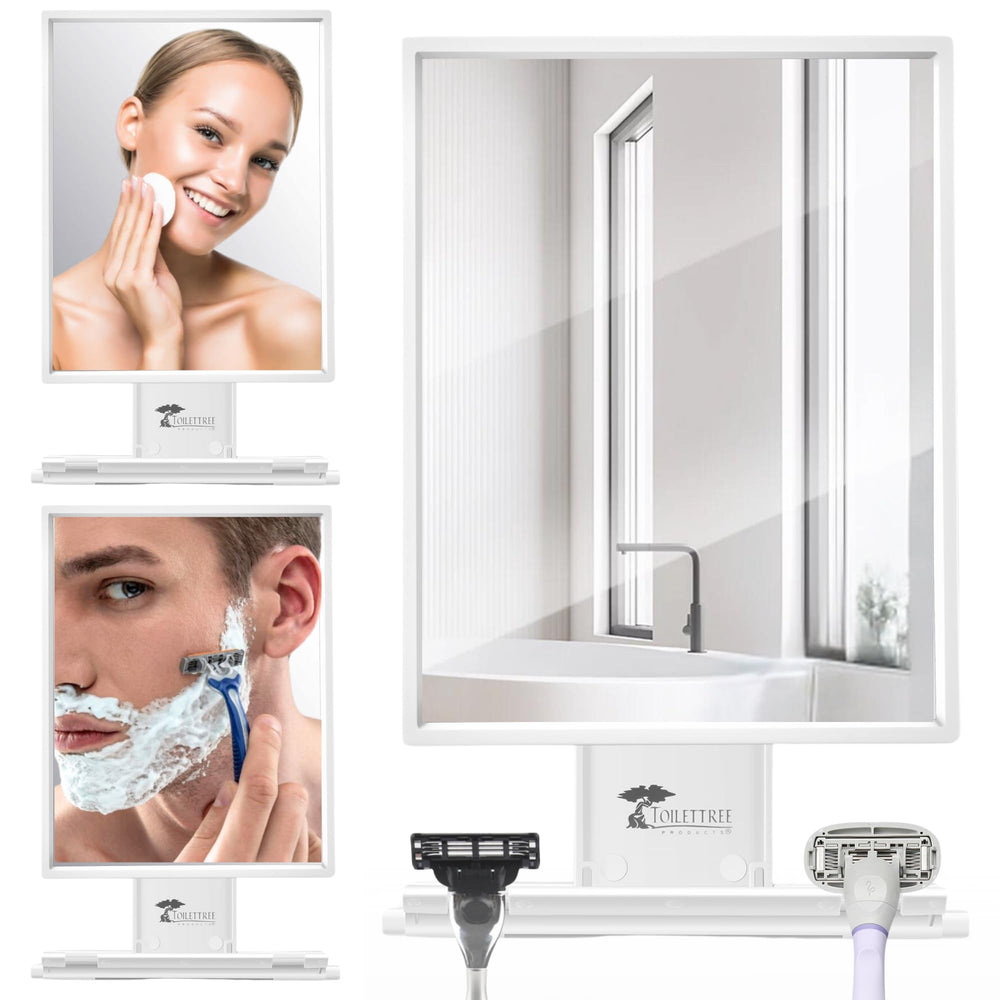 ToiletTree products fogless shower mirror tilted for precise grooming while showering.
