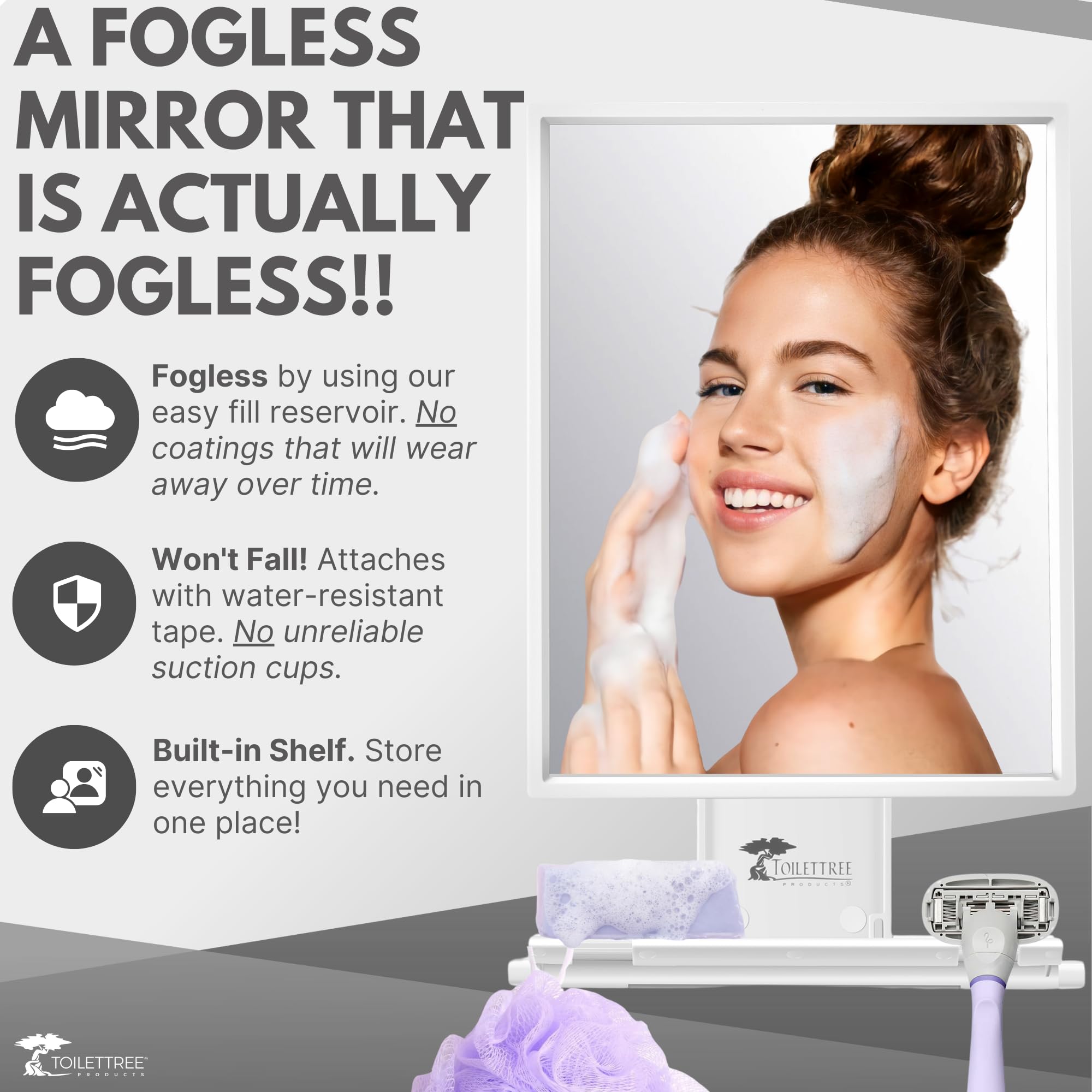 ToiletTree products fogless mirror water chamber activates anti-fog during routine showers.