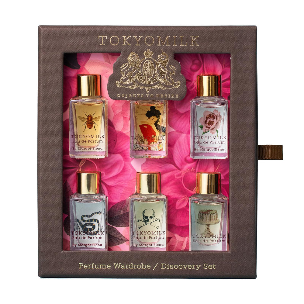 TOKYOMILK discovery set packaging with glass bottles—gift-ready travel presentation.