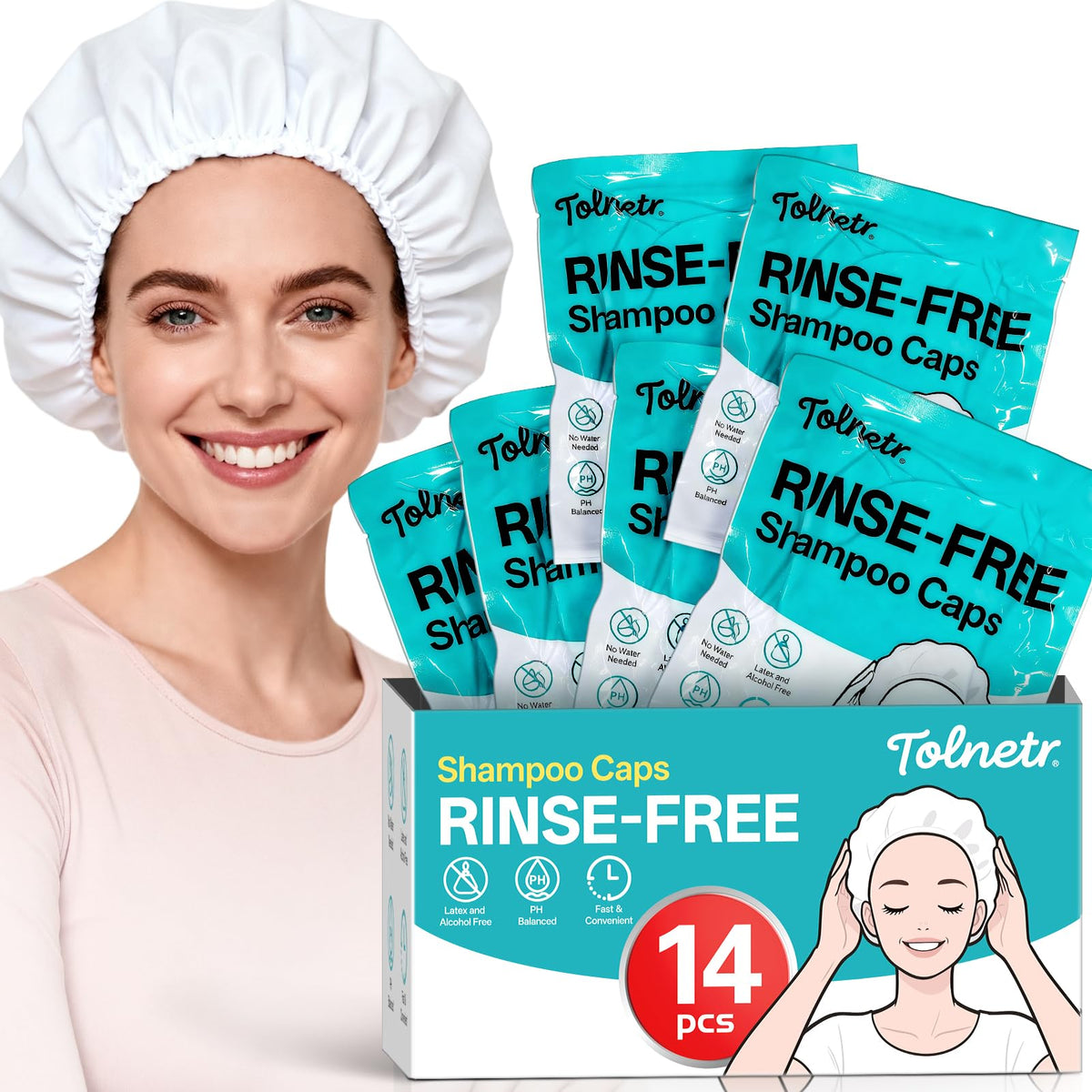 Tolnetr 14pcs shampoo caps pack close-up showing no-rinse convenience for bedridden or elderly use.