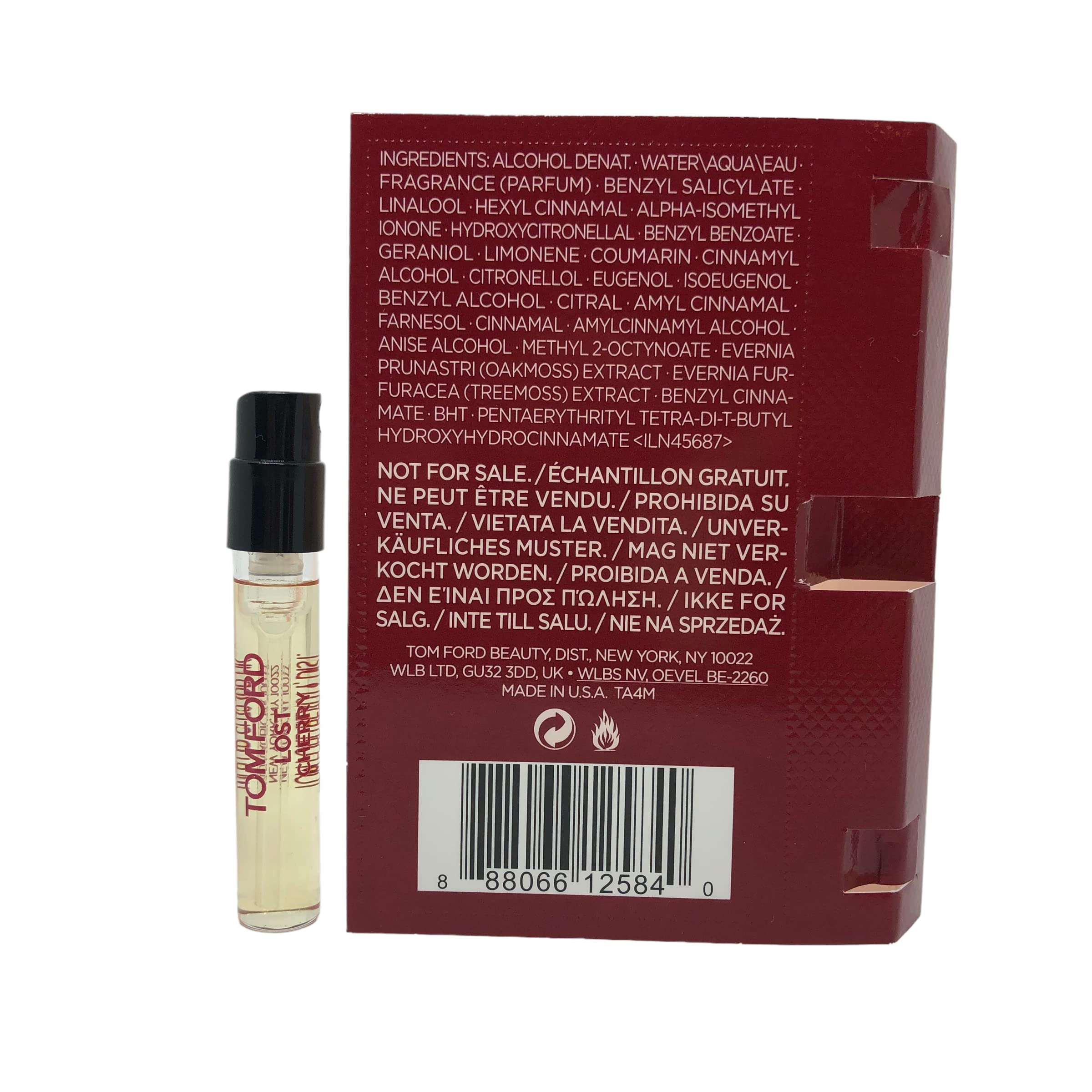 Tom Ford Lost Cherry sampler packaging close-up suggests premium gifting and portable scent exploration