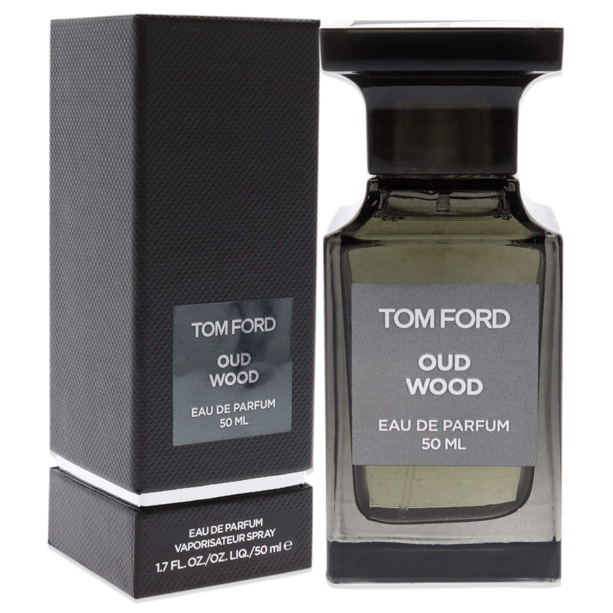 Tom Ford Oud Wood black packaging highlights premium luxury and silhouette.