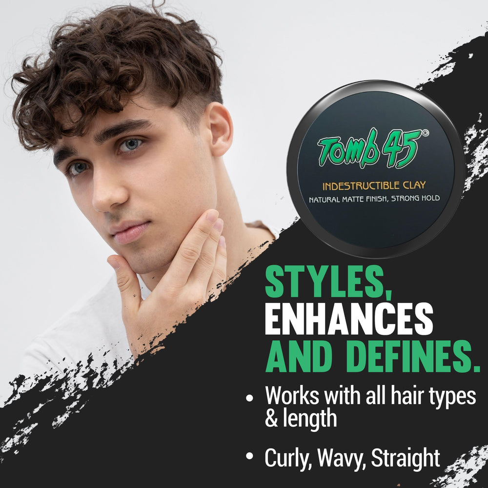 Tomb45 Indestructible Hair Clay hand-application demonstrates easy, on-the-go styling.