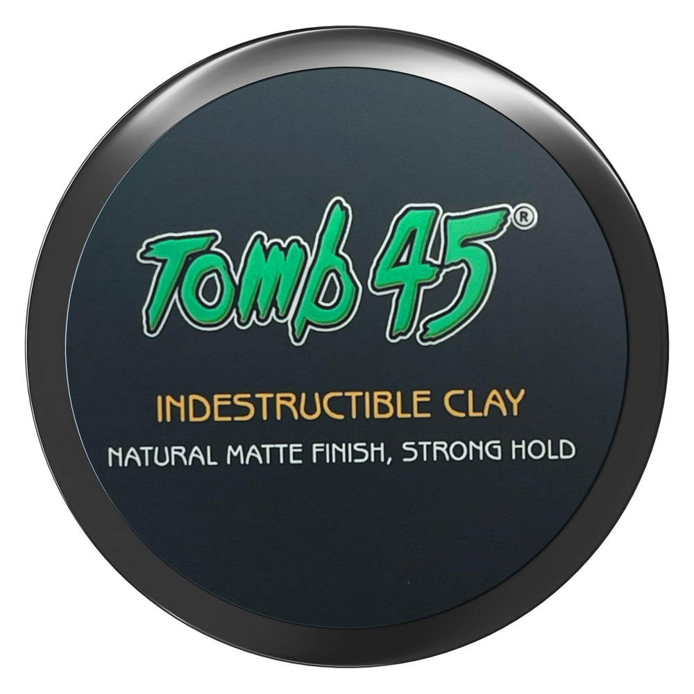 Tomb45 Indestructible Hair Clay packshot showing compact container for quick styling.