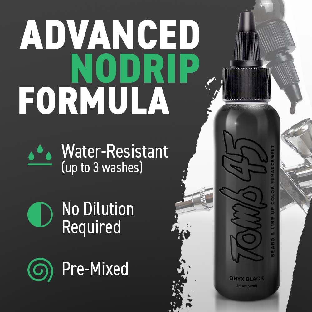 Tomb 45 No Drip beard line-up Onyx sample highlighting skin-safe, long-wearing color.