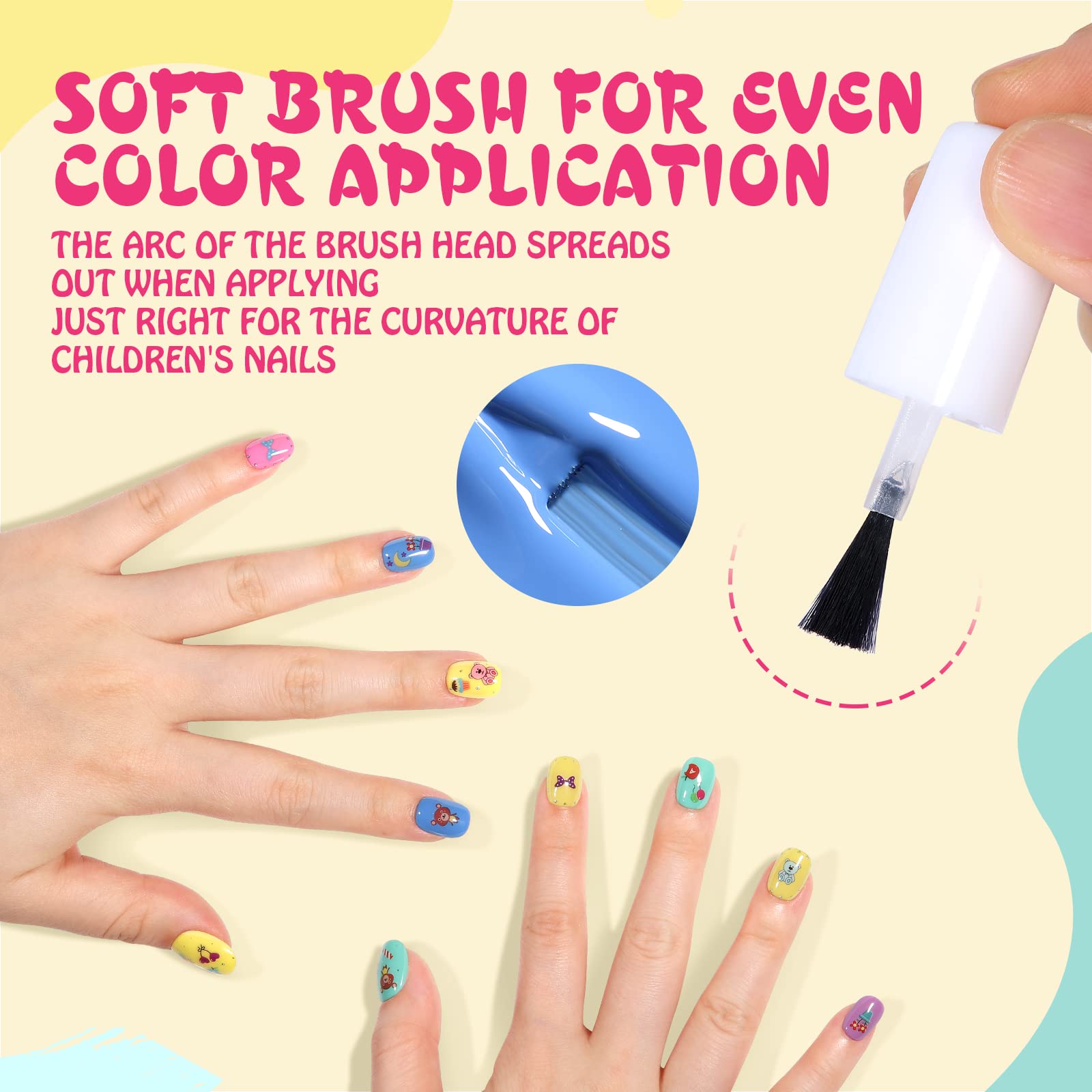 TOMICCA water-based non-toxic label on bottles emphasizes safe, gentle nails