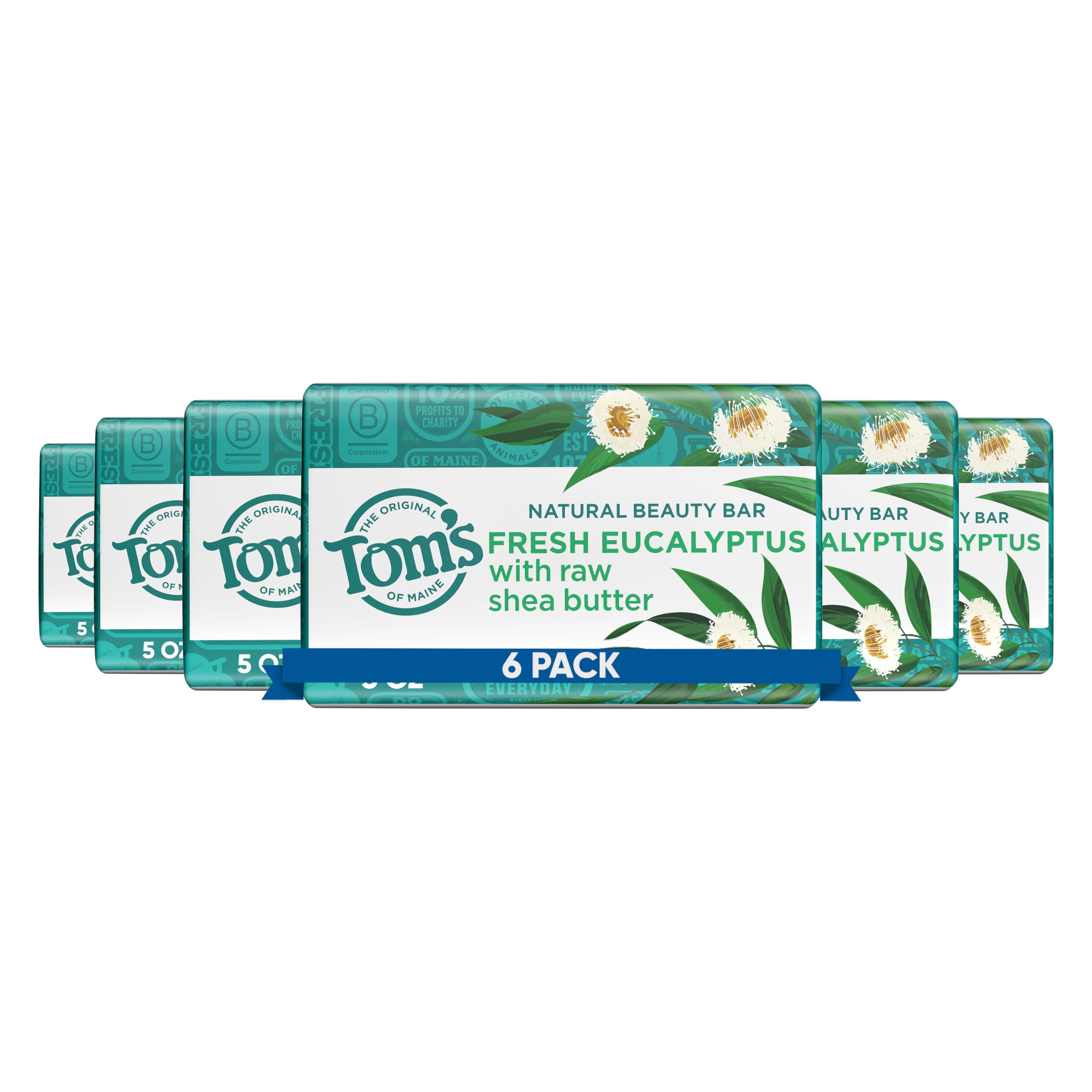 Tom's of Maine Fresh Eucalyptus bar closeup showing calming scent and moisturizing formula.