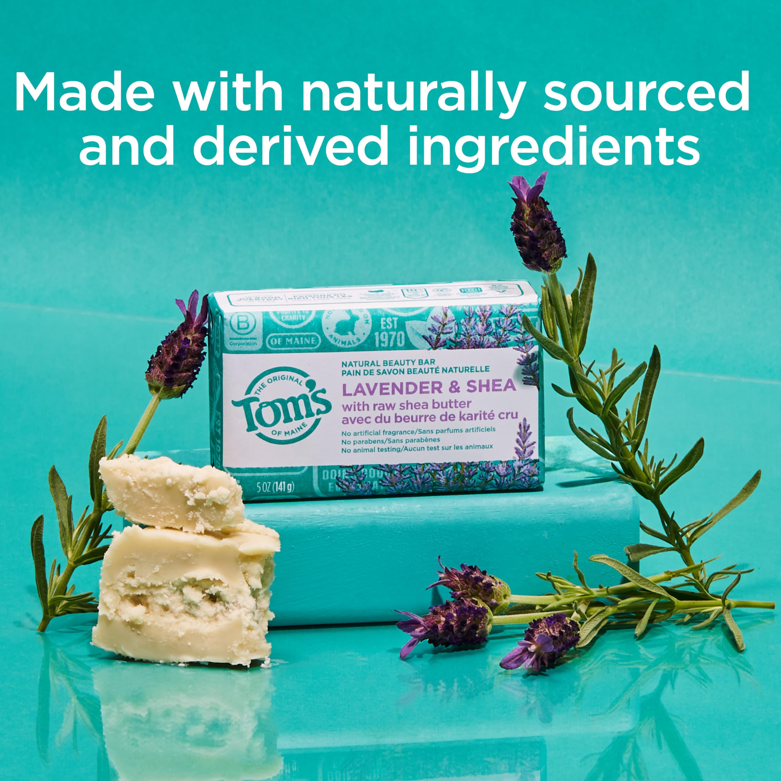 Tom's of Maine Lavender & Shea soap close-up shows rich lather and soothing fragrance