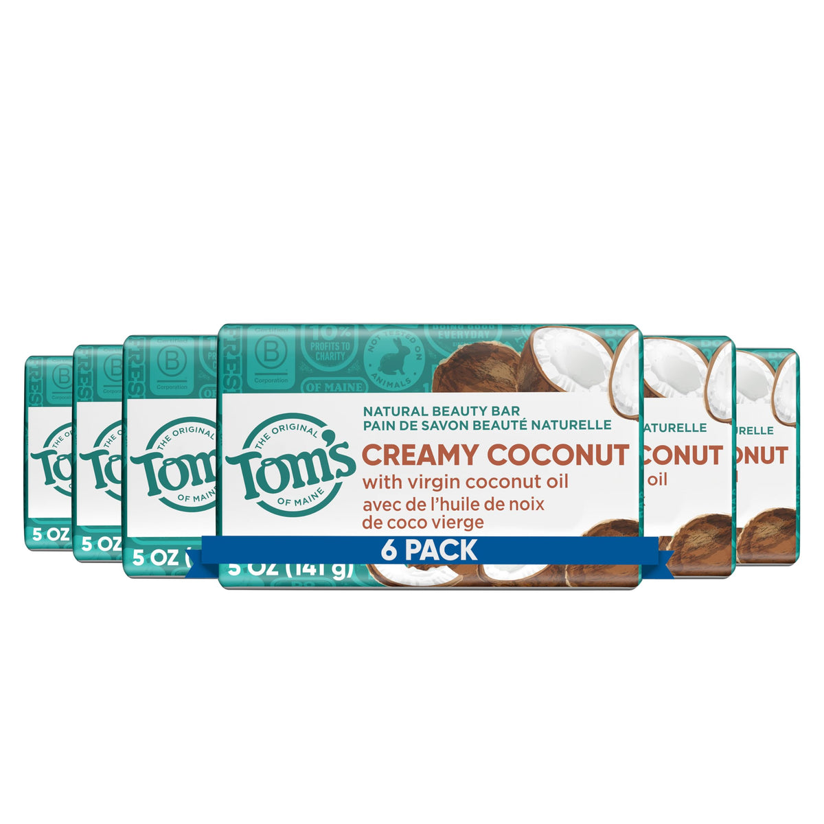 Tom's of Maine natural beauty bar soap creamy coconut packaging highlighting eco-friendly packaging