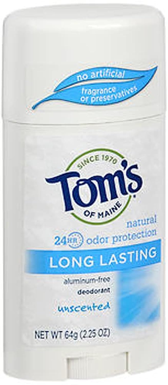 Tom's of Maine Unscented Deodorant Stick 3-Pack packaging highlights aluminum-free formula for sensitive skin.