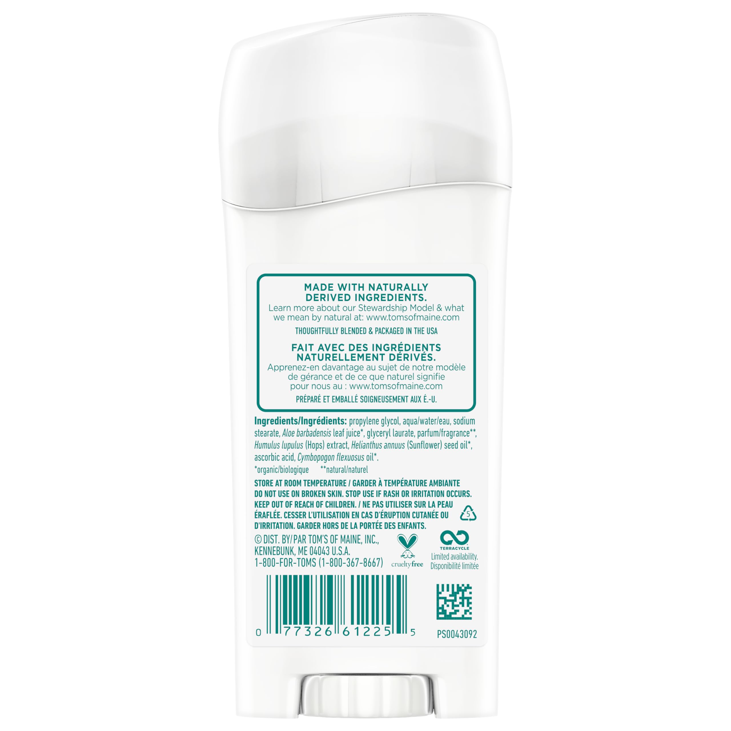 Tom's of Maine Wild Lavender deodorant label highlighting vegan and cruelty-free credentials