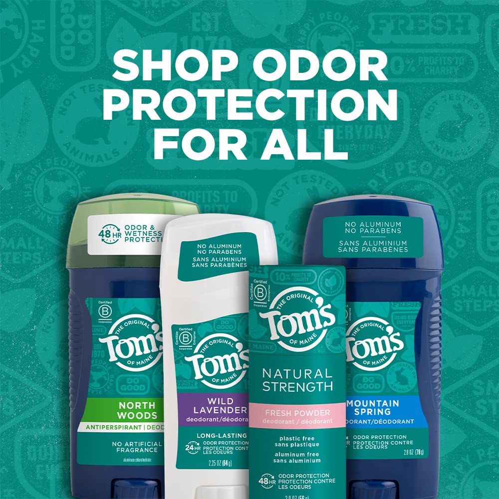 Tom's of Maine Wild Lavender deodorant pack resting on bathroom counter
