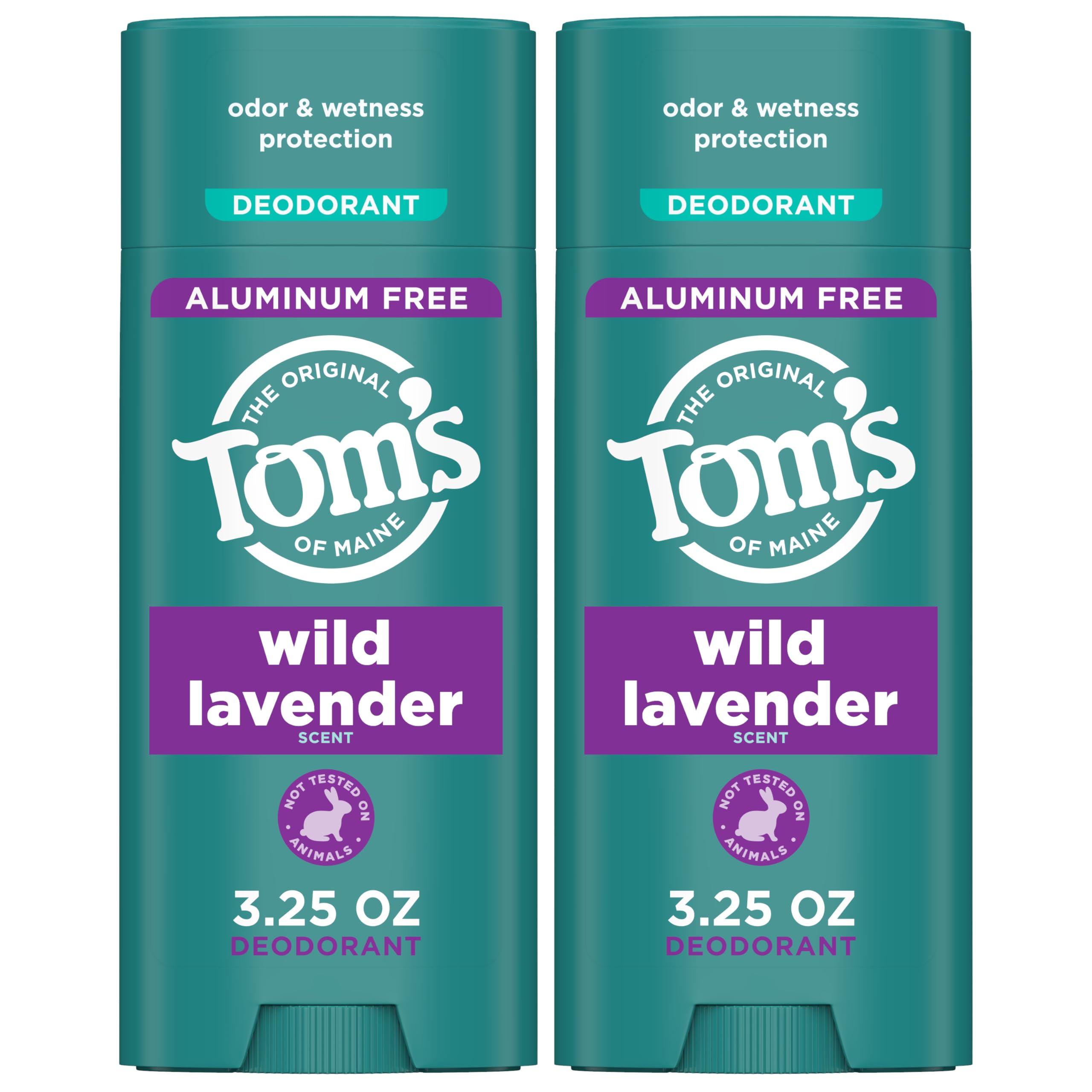 Tom's of Maine Wild Lavender deodorant packaging shows a 2-pack for daily use and sharing