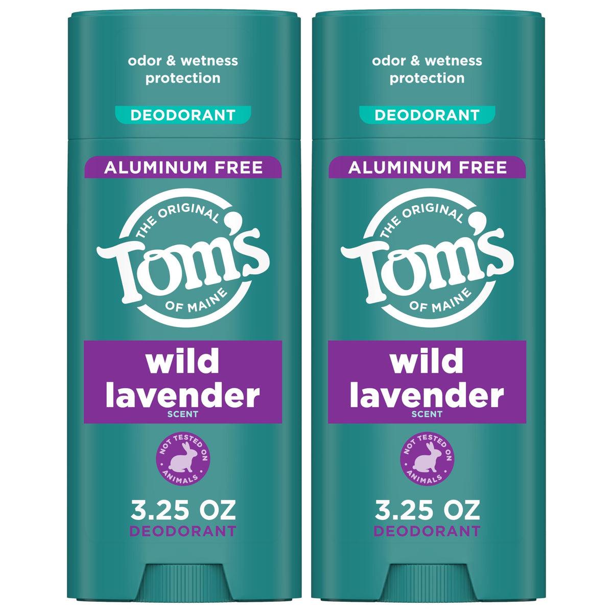 Tom's of Maine Wild Lavender deodorant packaging shows a 2-pack for daily use and sharing