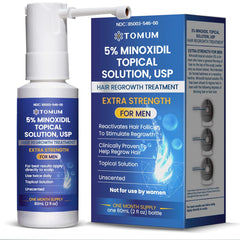 TOMUM men's 5% minoxidil spray bottle for easy daily scalp application.