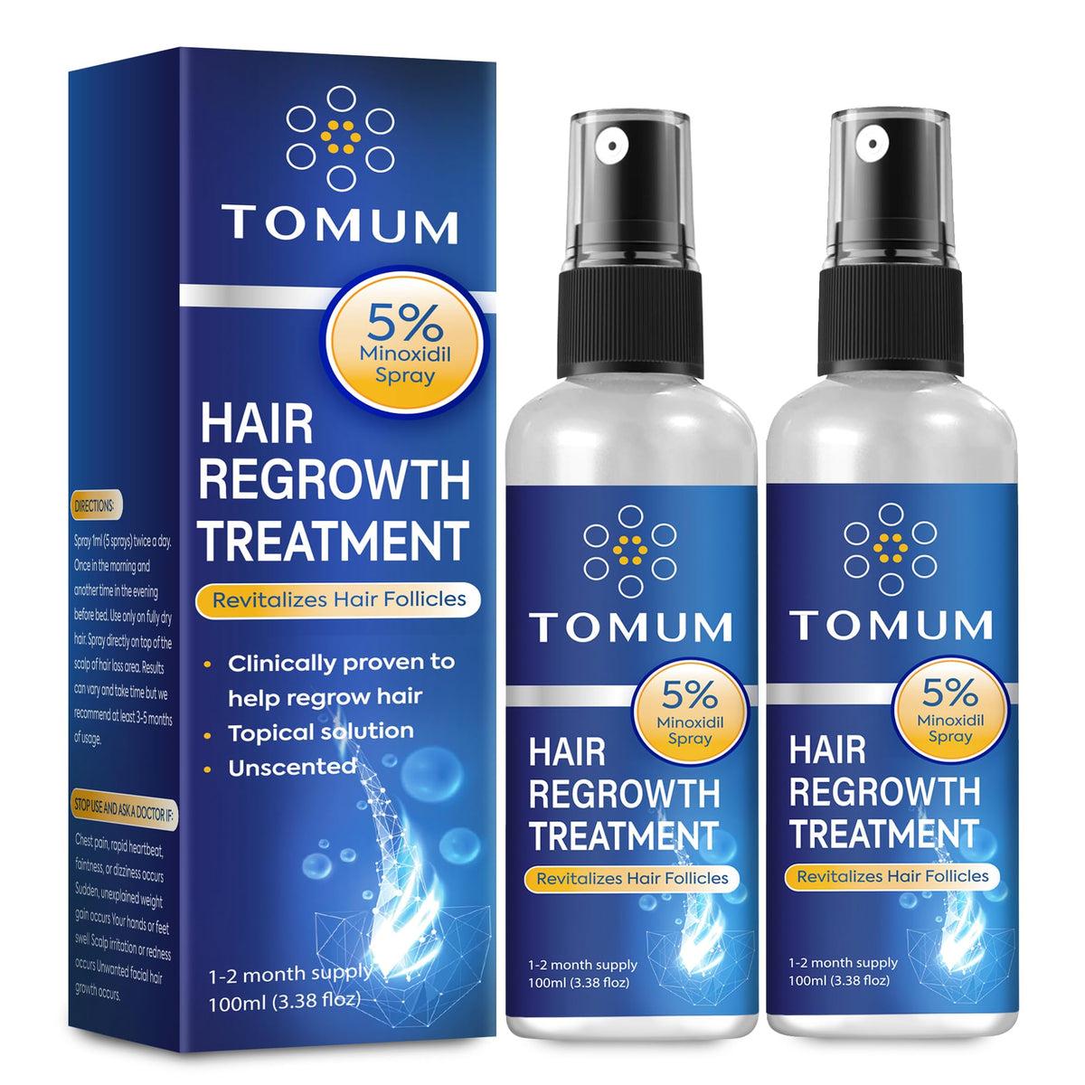 Tomum Minoxidil 5% spray bottle for targeted hair growth on thinning areas.