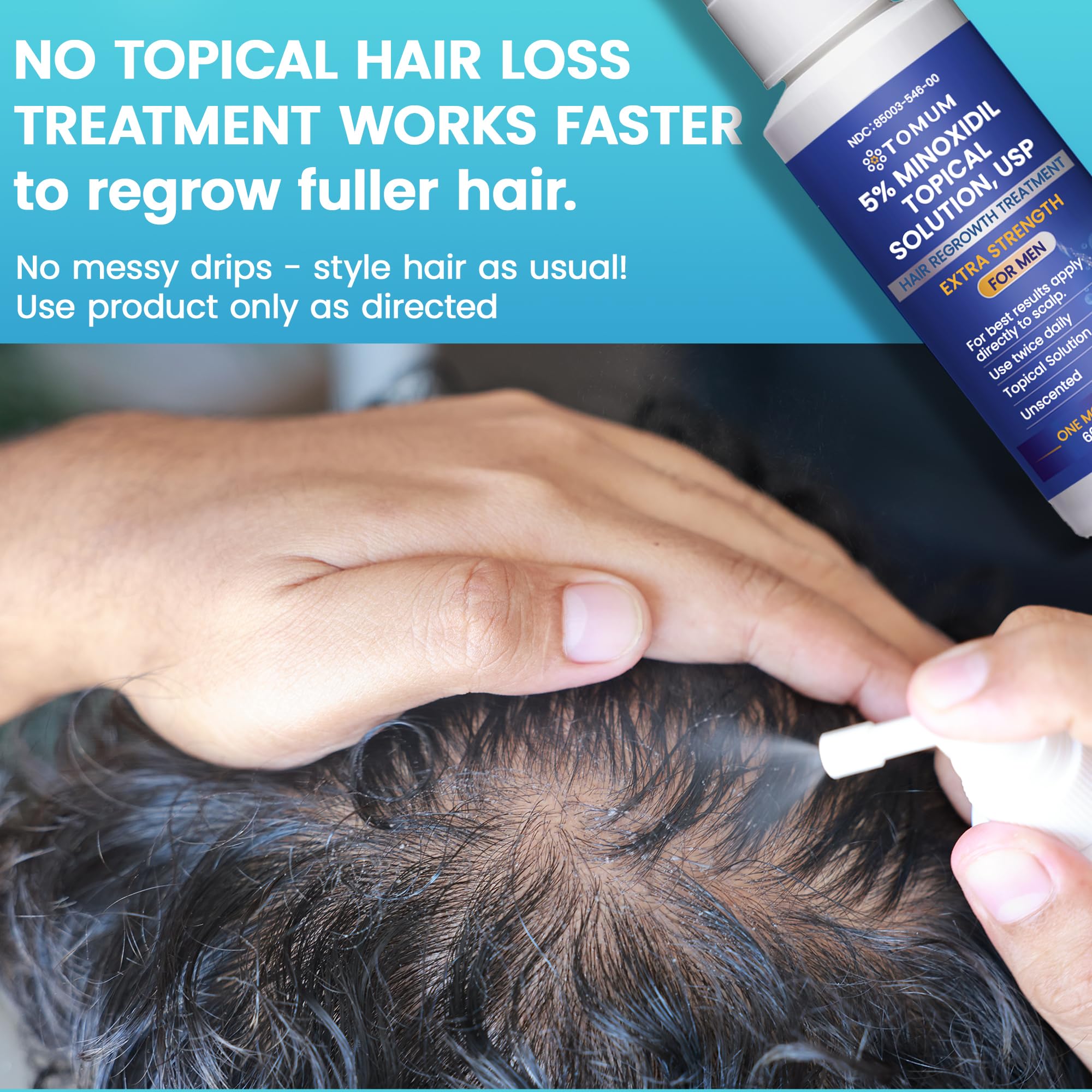 TOMUM minoxidil spray highlights non-greasy texture and fast-drying feel.