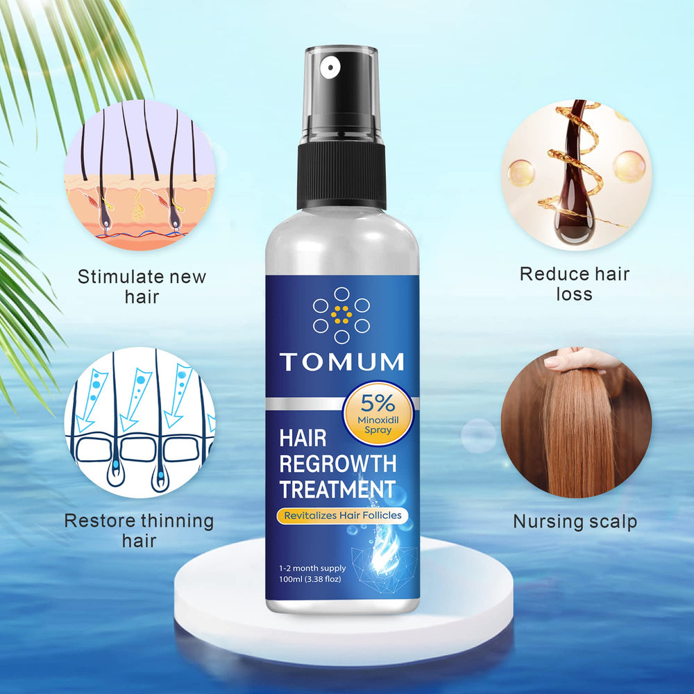 Tomum Minoxidil spray nozzle closeup for direct scalp contact.