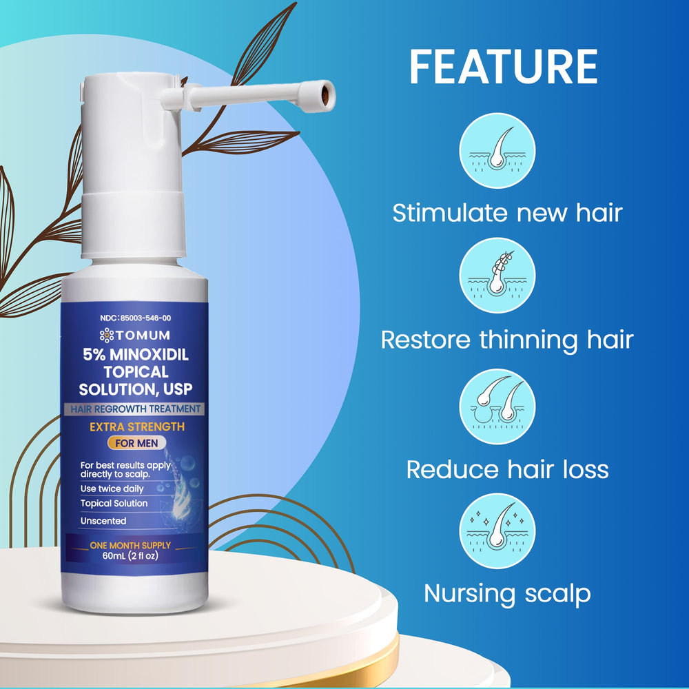 TOMUM minoxidil spray on scalp close-up shows targeted coverage for thinning areas.