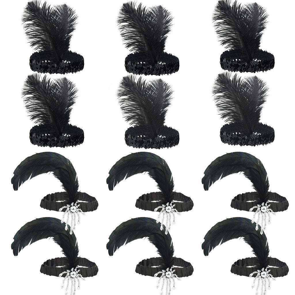 Tongcloud 12-piece flapper headband set with all-black feathers for Gatsby-style parties.