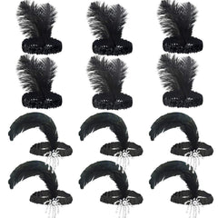 Tongcloud 12-piece flapper headband set with all-black feathers for Gatsby-style parties.