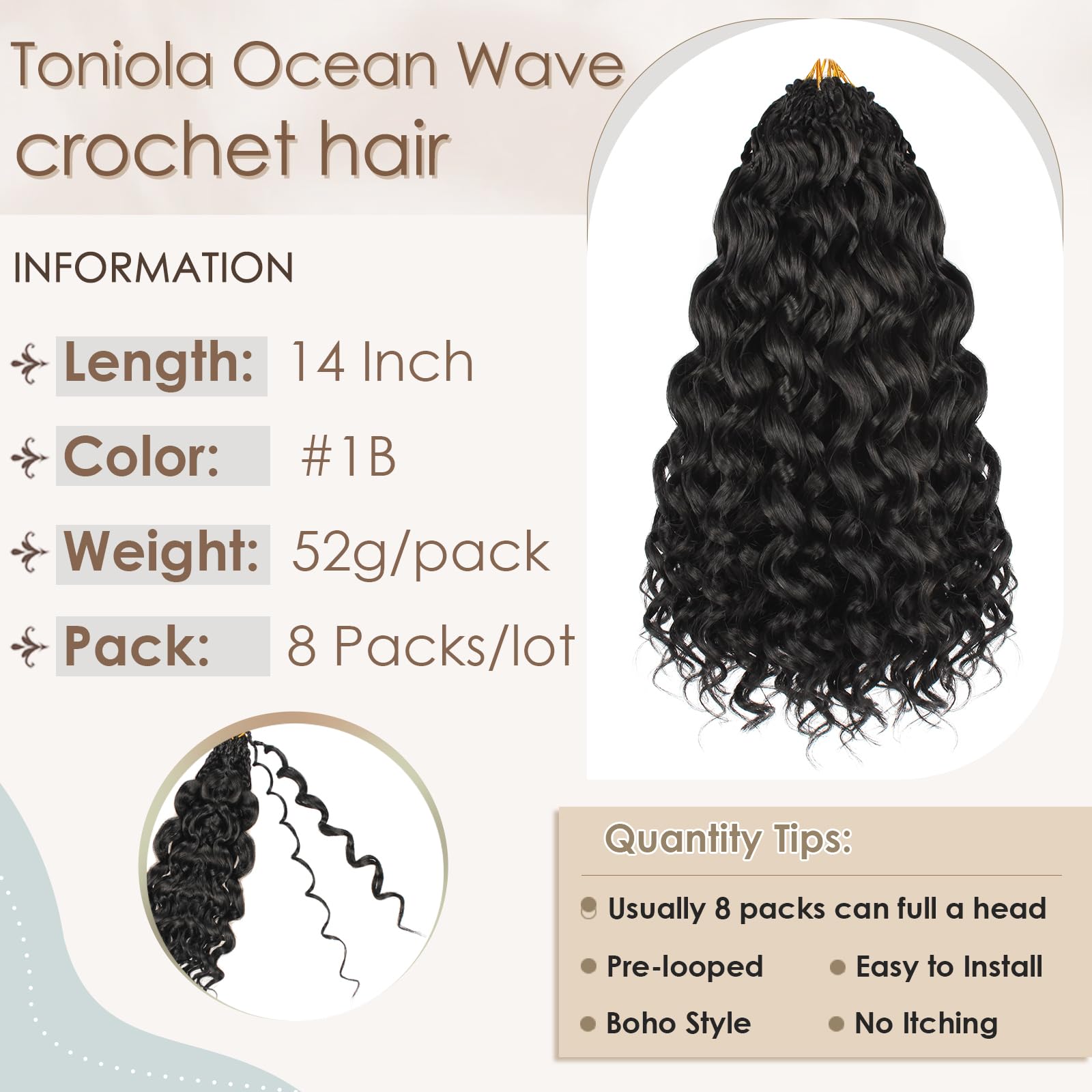 Toniola ocean wave crochet hair 14in color 1B option on display for versatile looks
