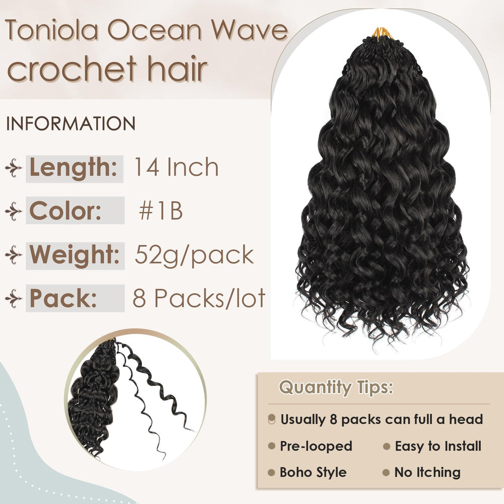 Toniola ocean wave crochet hair 14in color 1B option on display for versatile looks