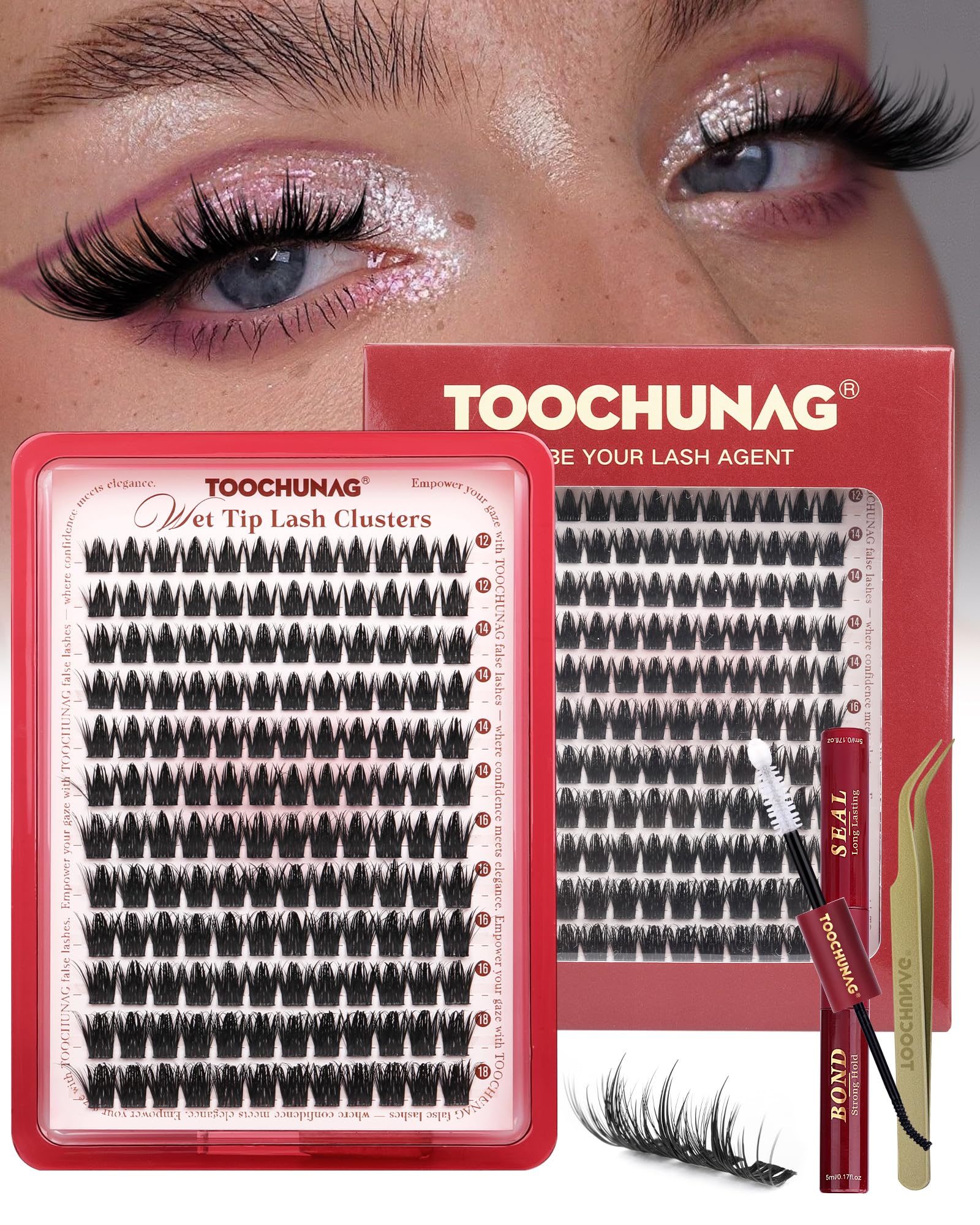 TOOCHUNAG Lash Clusters Kit packaging shows premium soft fiber clusters for all-day comfort.