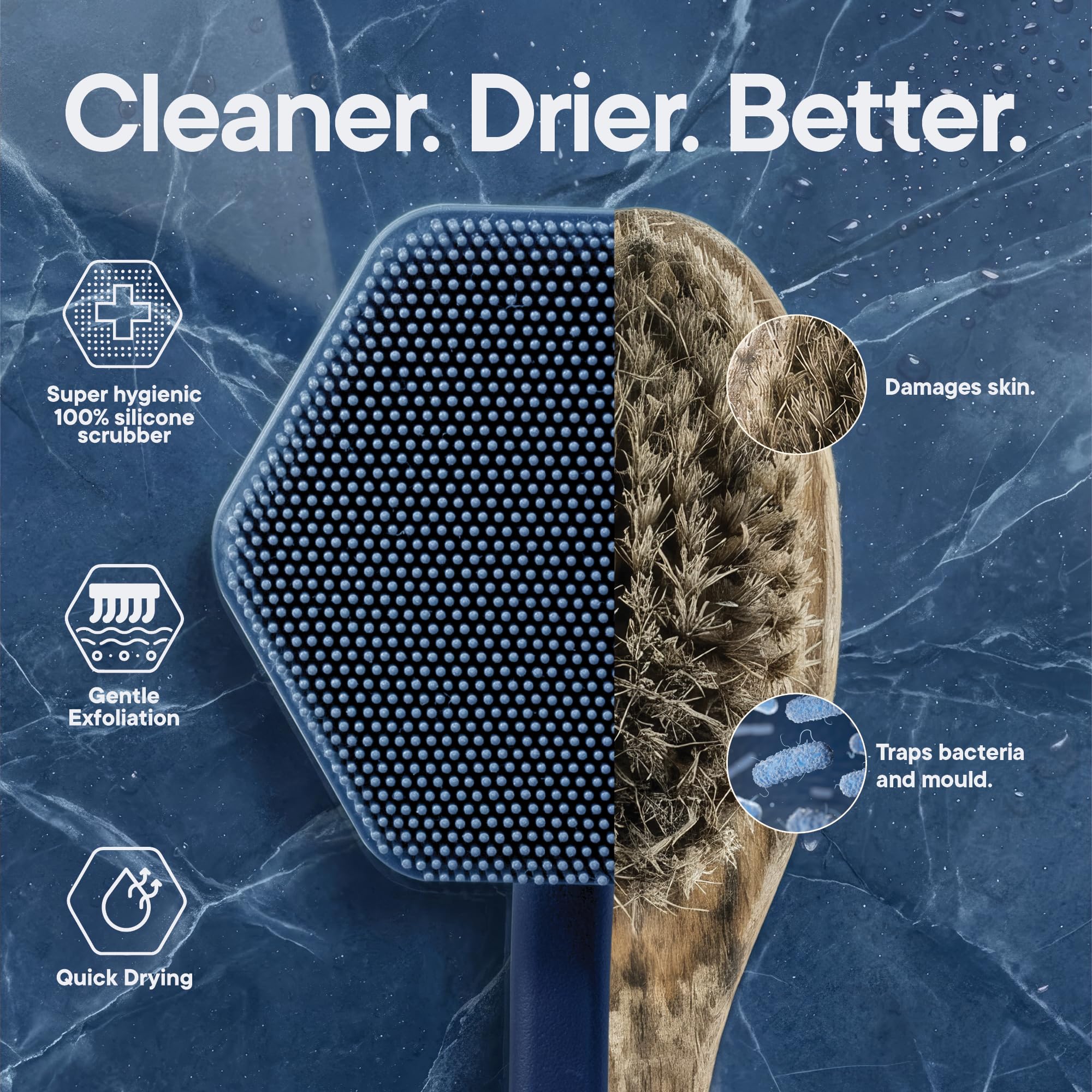 TOOLETRIES scrubber held in hand demonstrating ease of use and reach