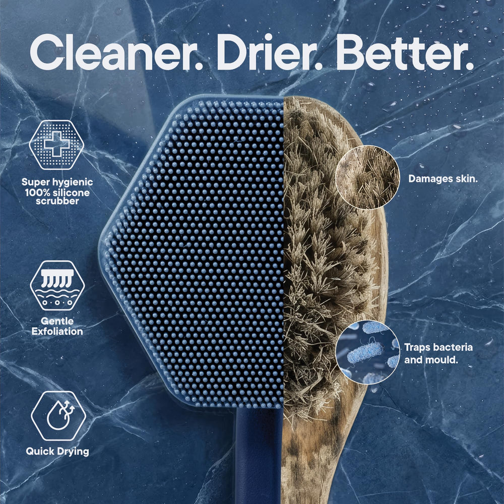 TOOLETRIES scrubber held in hand demonstrating ease of use and reach