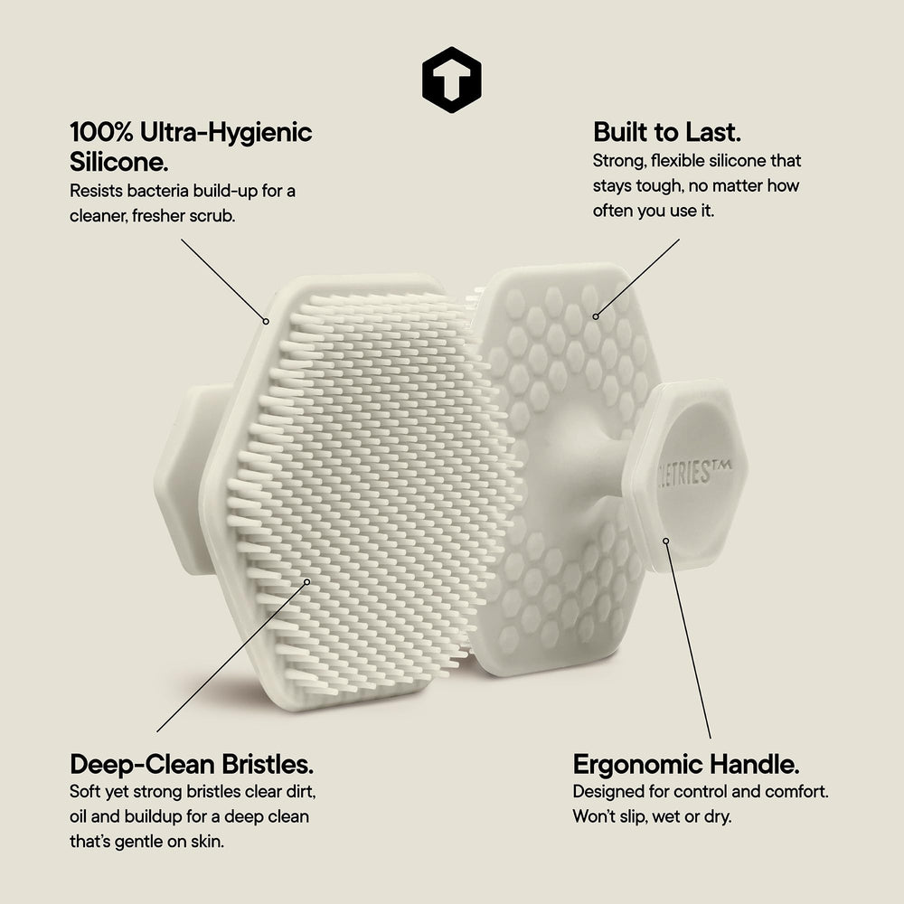 TOOLETRIES Face Scrubber demonstrates pore-exfoliating action with gentle silicone bristles