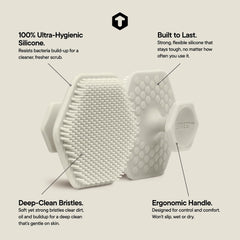 TOOLETRIES Face Scrubber demonstrates pore-exfoliating action with gentle silicone bristles