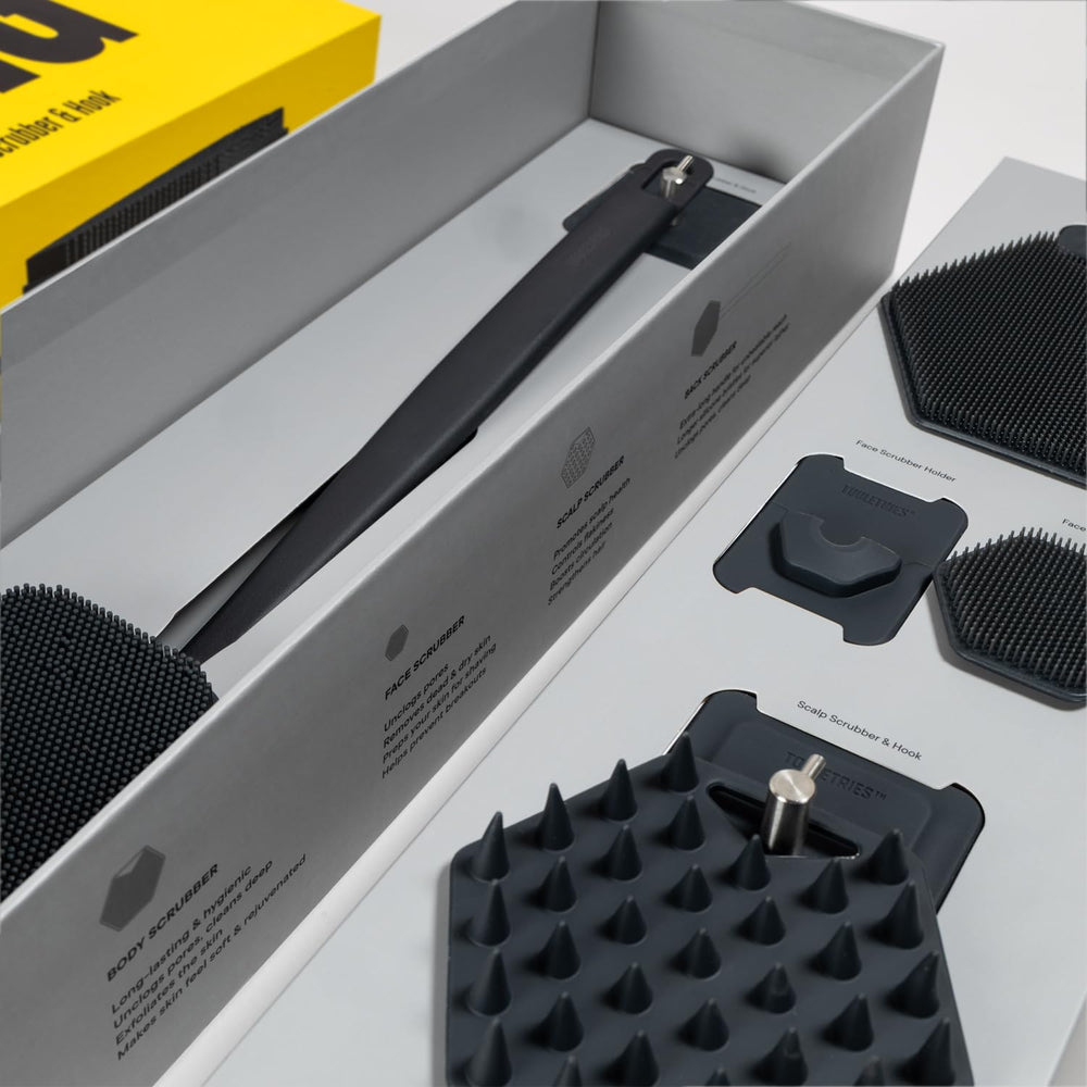 TOOLETRIES Scrub King face scrubber holder keeps tools within reach