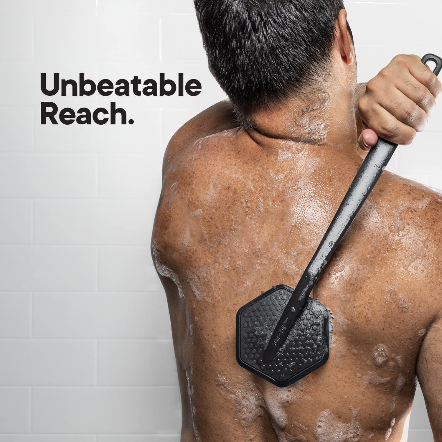 TOOLETRIES back scrubber dimensions image shows 15.7 inches of extended reach