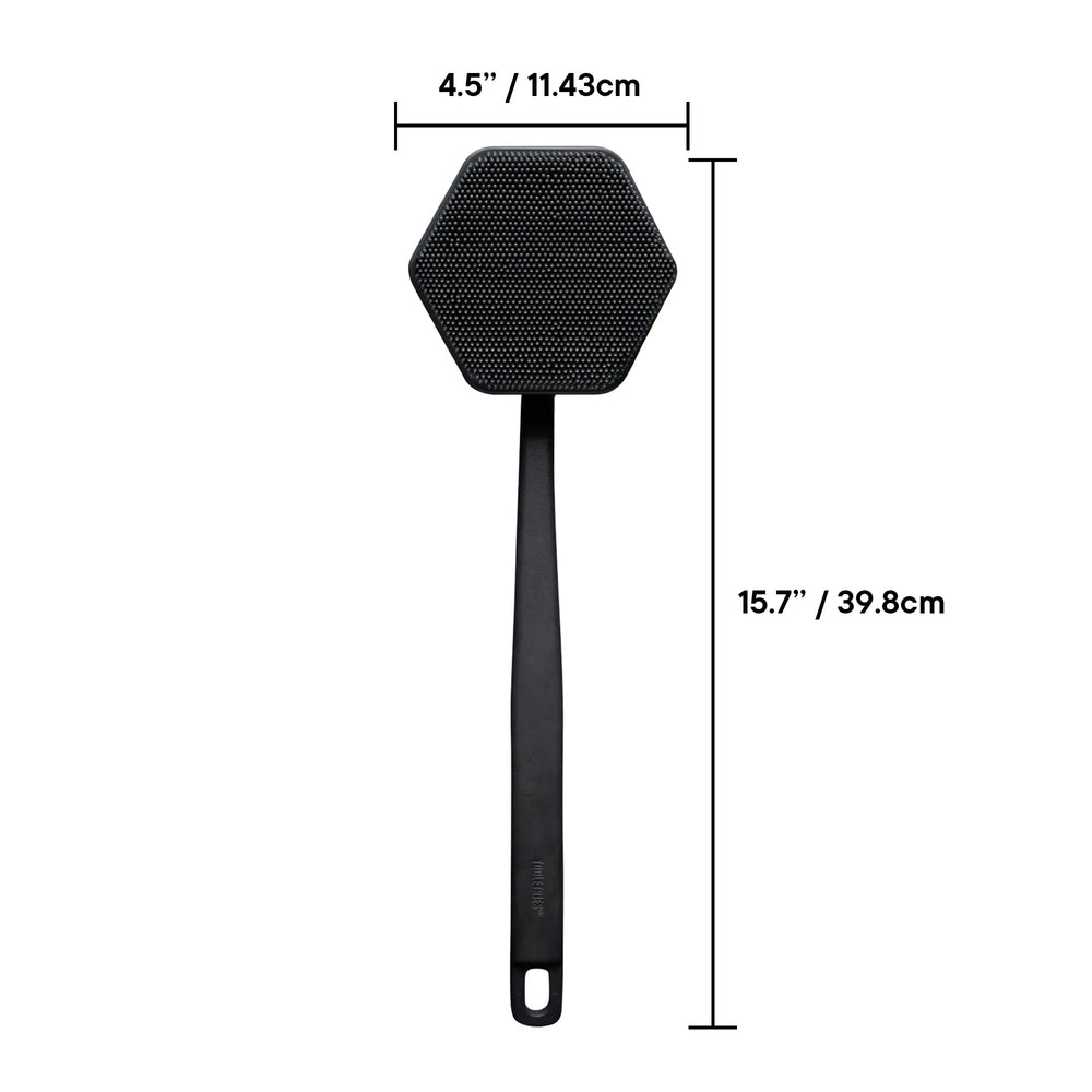 TOOLETRIES silicone back scrubber in shower display durable material and quick-dry design.