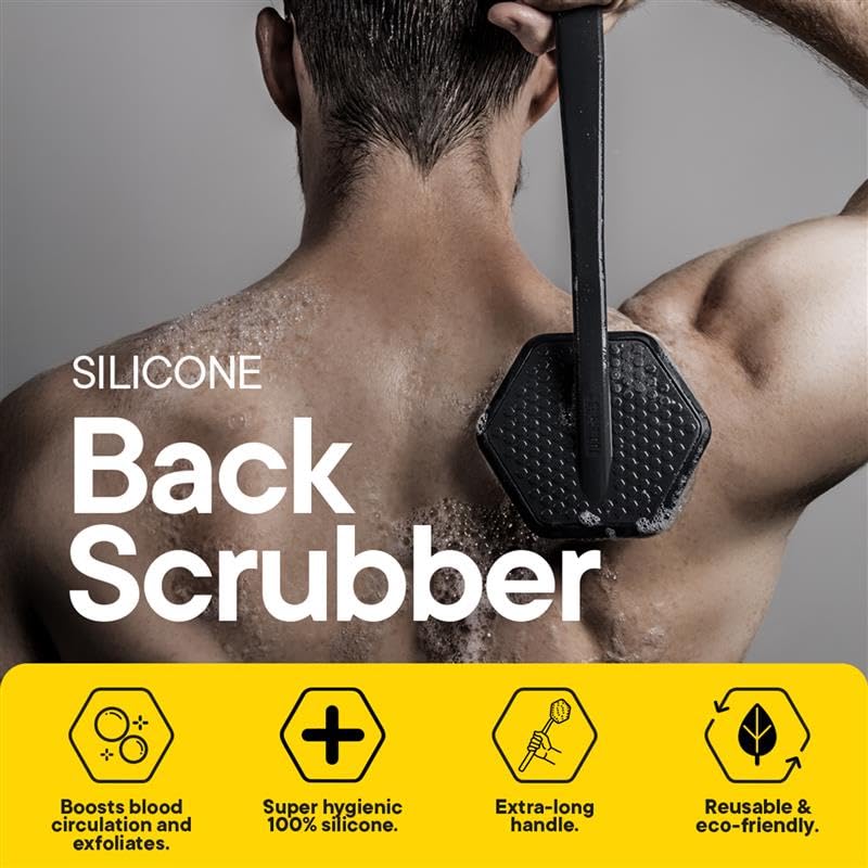 TOOLETRIES back scrubber in-use shot demonstrates effective scrubbing of the back with reach
